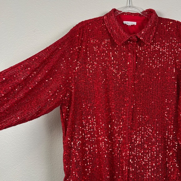 Calvin Klein women plus size 2X fully sequin top red long sleeve snap closure - Picture 6 of 14